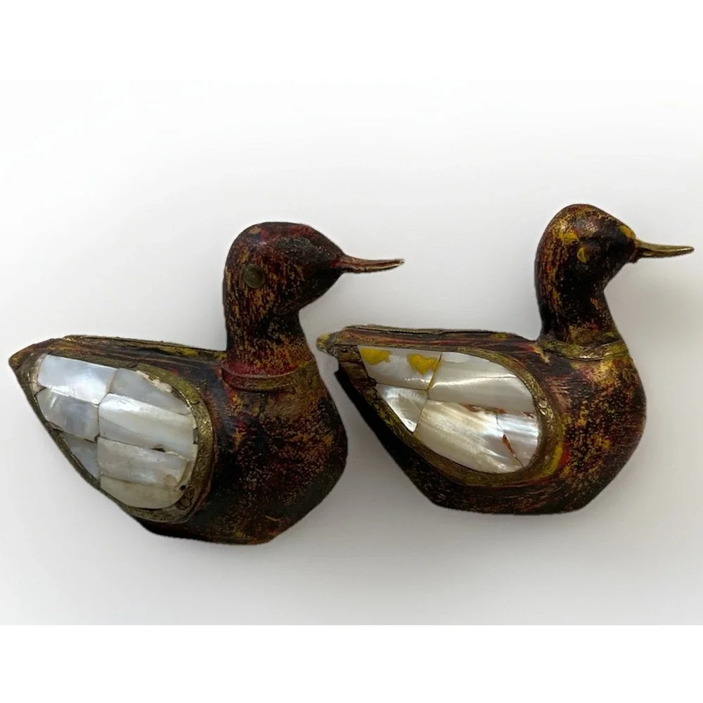Vtg Set 2 Wood Handcarved Duck w/Brass & Pearl Decorative Inlays Charles Marcak